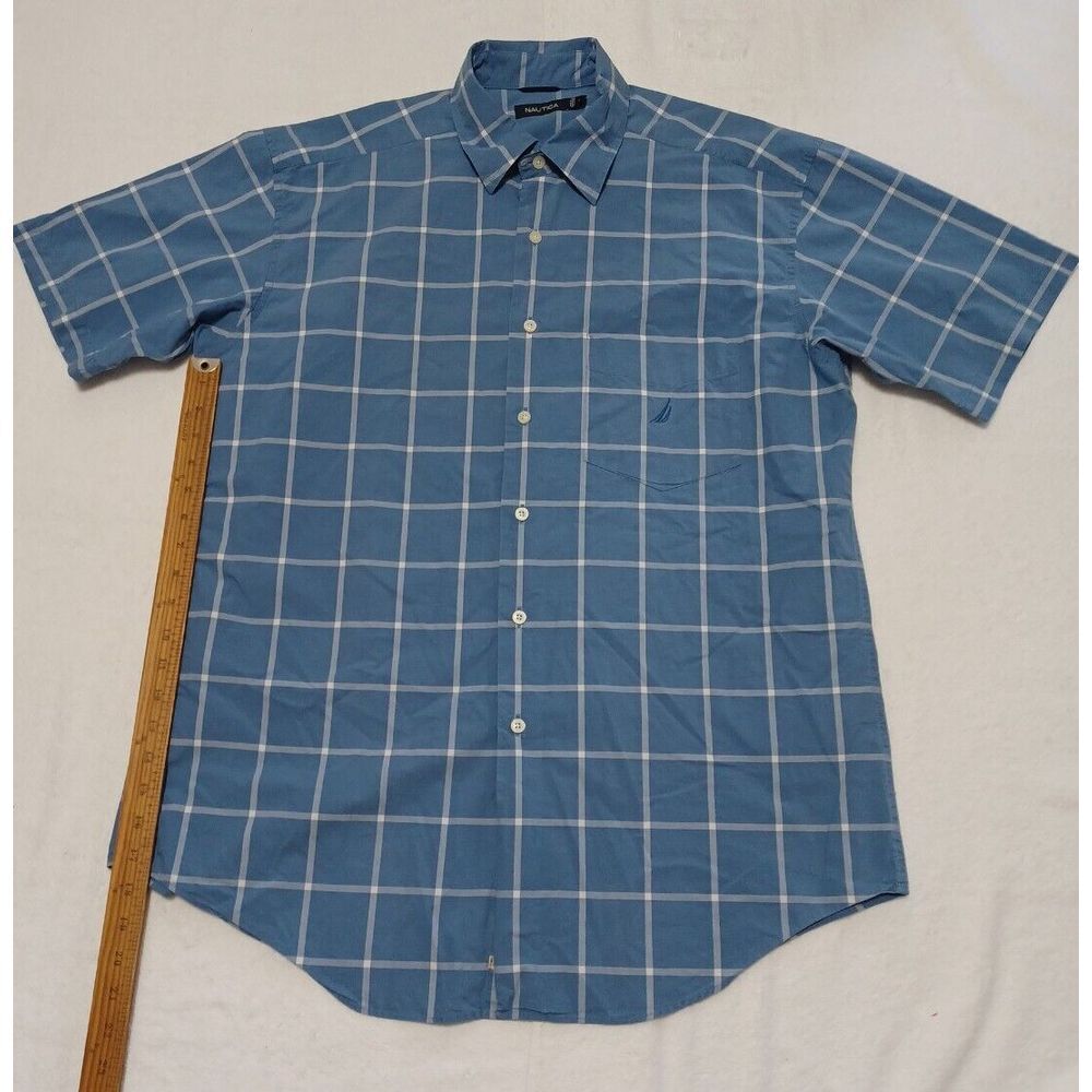 Nautica Mens Blue White Windowpane Plaid Short Sleeve Button Down Shirt‎ Slim L
